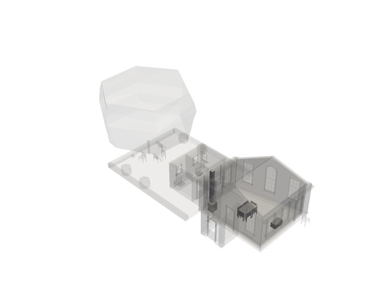 Model at end of 9 March: dining table and six chairs visible through translucent walls; chimney, stove and window seat also highlighted
